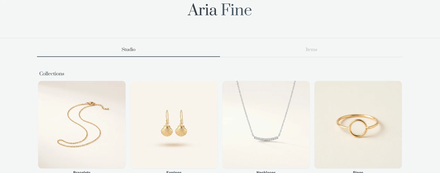 A live Gemma storefront with the brand name, collections and products